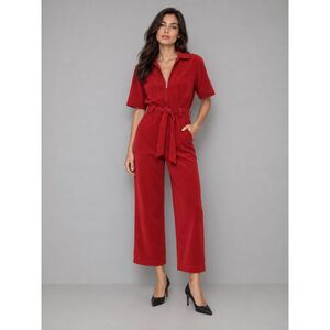 & Other Stories Corduroy Short Sleeve Belted Jumpsuit Red 4